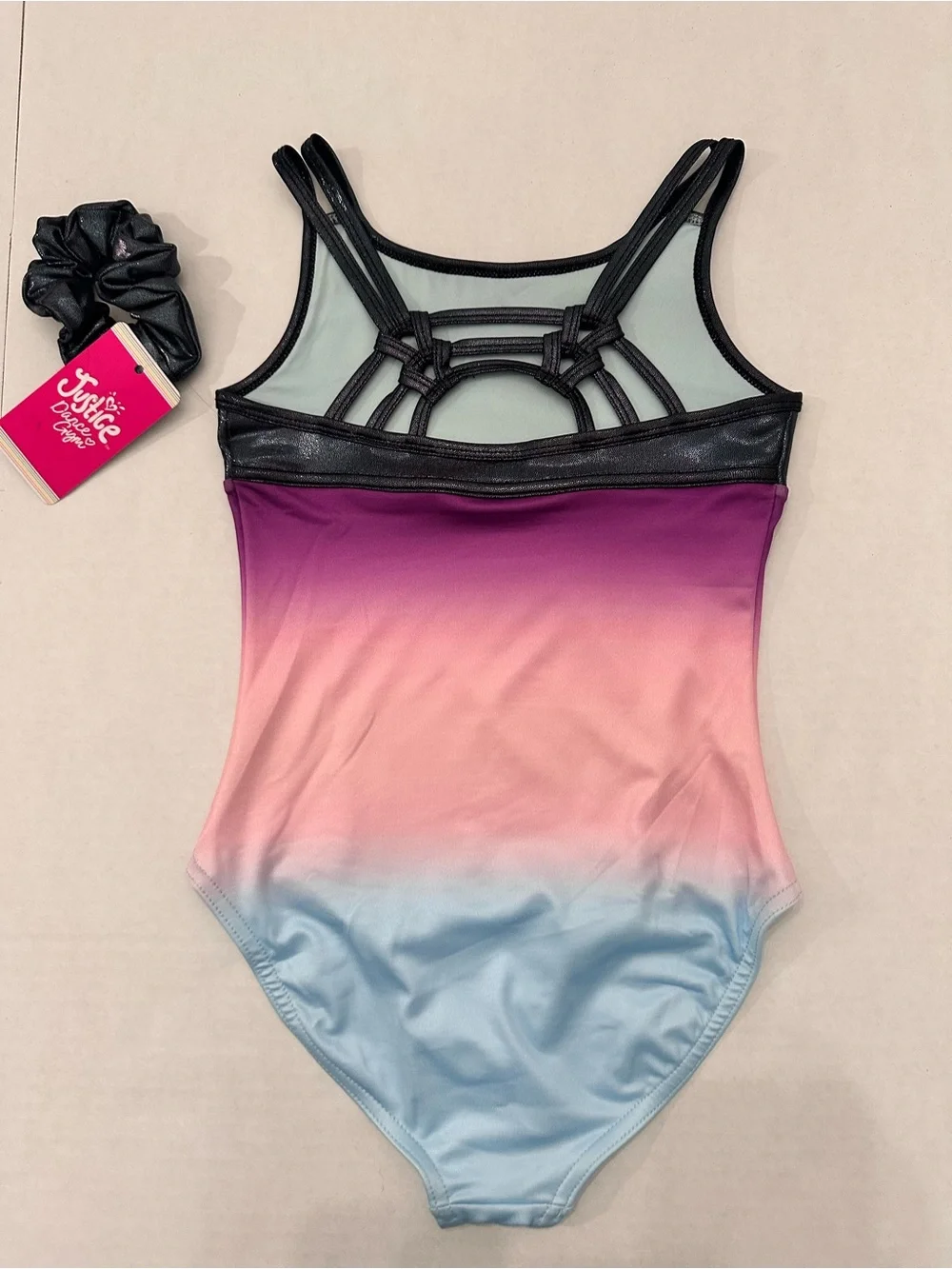 Justice Girls Ombre Macrame Back Dance and Gymnastics Leotard with Scrunchie